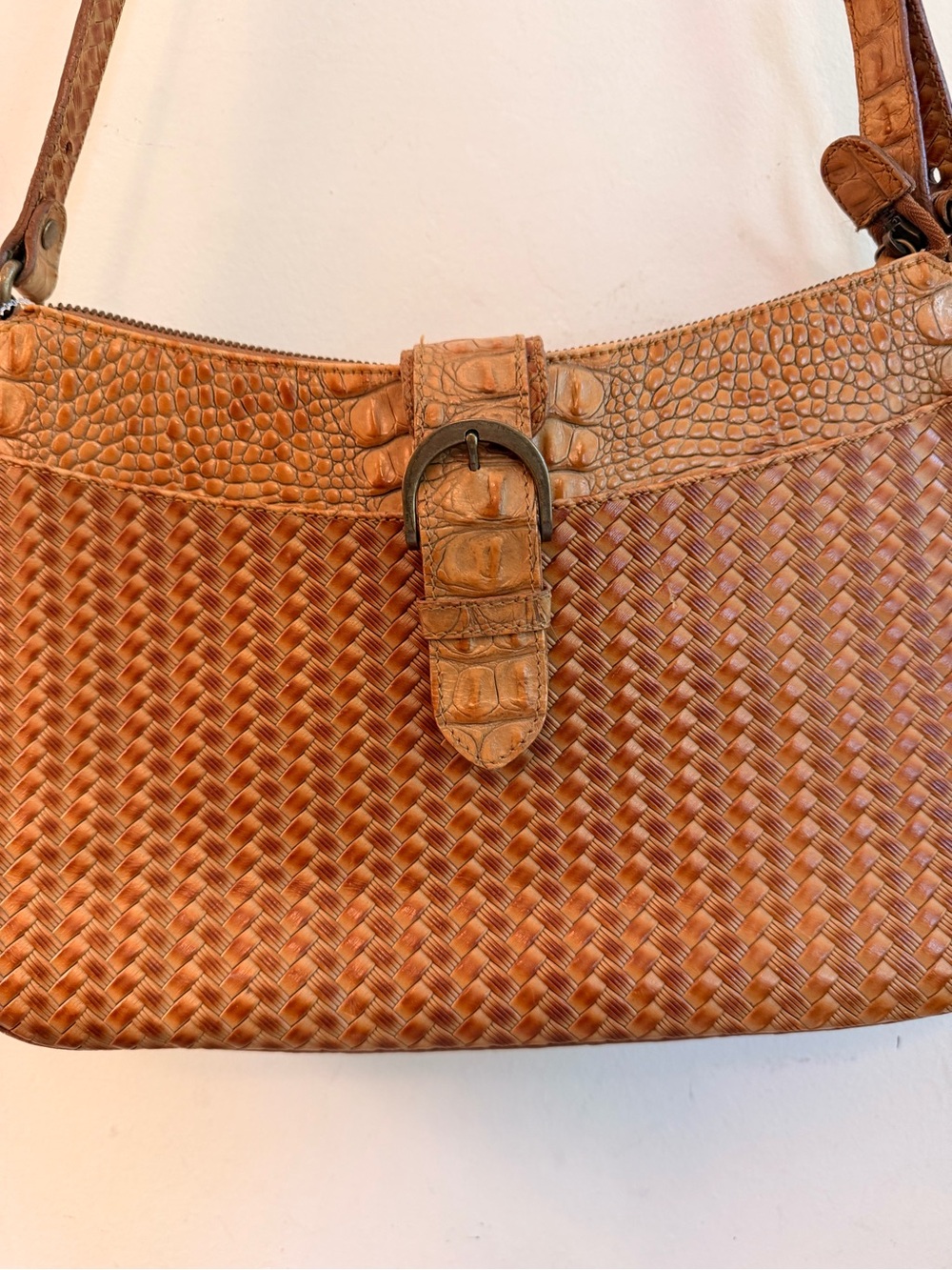Brahmin Woven Leather Shoulder Bag in Tan/Cognac